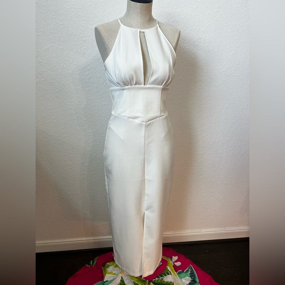 NWT XS Zara dress, midi length, with front slit and neckline.